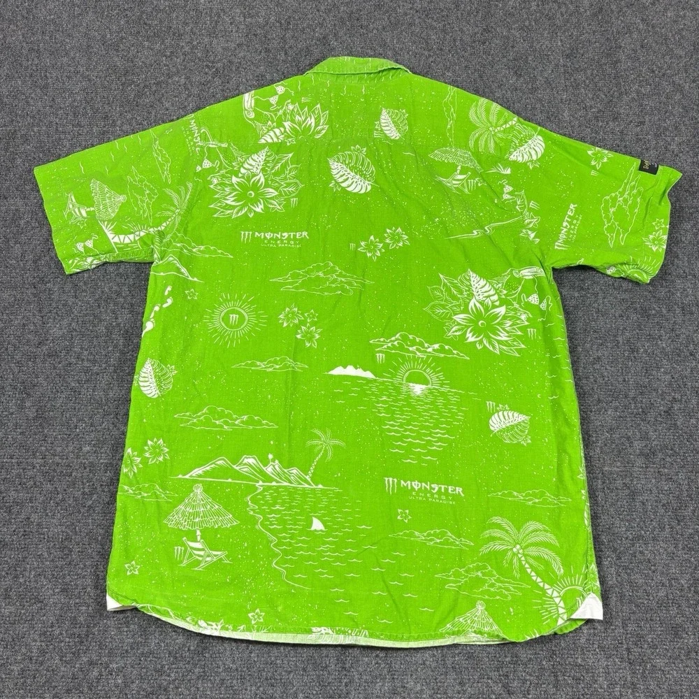 Monster Energy Ultra Paradise Green Tropical Hawaiian Camp Resort Button Shirt M